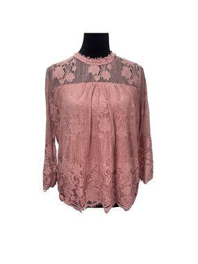 SoHo NY&C Dusty Rose Lace Boho Top Long Sleeve Vintage Blouse Size S